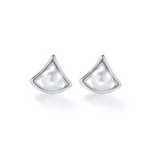 Hollow Geometric Triangle with Freshwater Pearl Silver Stud Earrings for Women