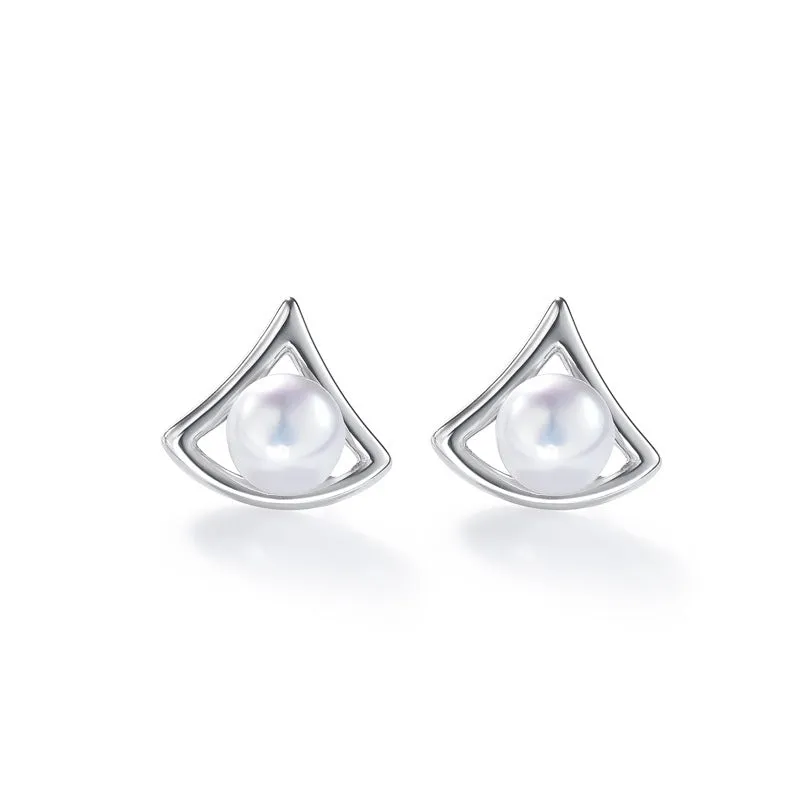 Hollow Geometric Triangle with Freshwater Pearl Silver Stud Earrings for Women