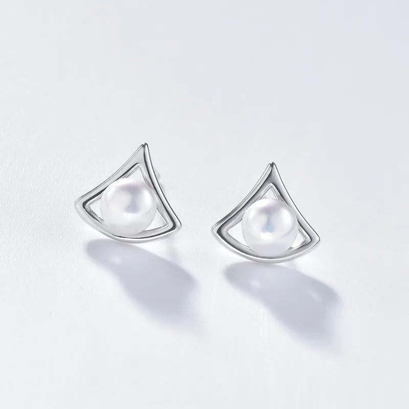 Hollow Geometric Triangle with Freshwater Pearl Silver Stud Earrings for Women