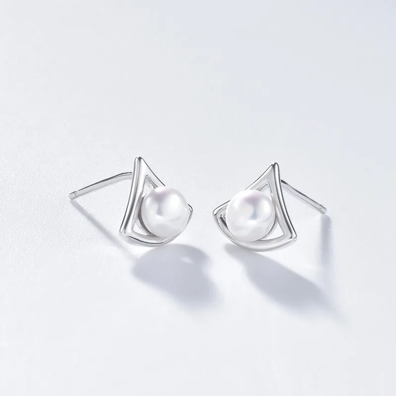 Hollow Geometric Triangle with Freshwater Pearl Silver Stud Earrings for Women