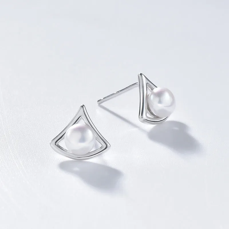 Hollow Geometric Triangle with Freshwater Pearl Silver Stud Earrings for Women