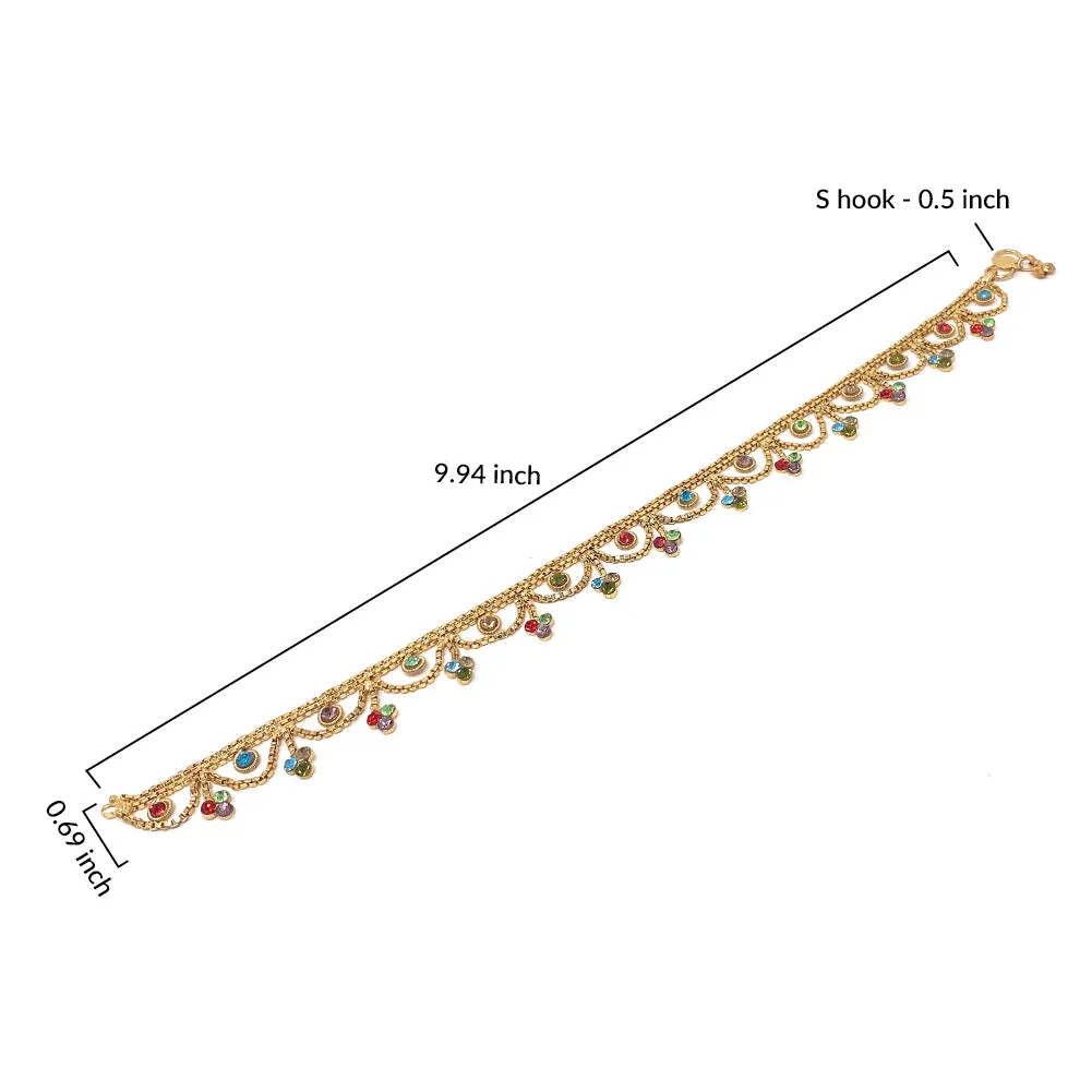 Indian Gold Tone Bells Anklet Chain Payal Set For Women in Multicolor Rhinestone Crystal Zircon For Beach Party Gift - Duel On Jewel