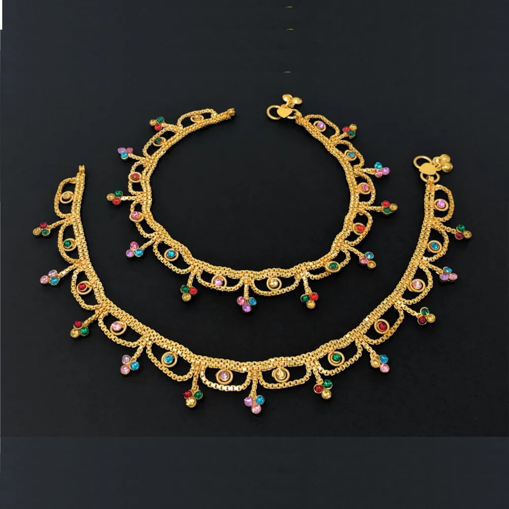 Indian Gold Tone Bells Anklet Chain Payal Set For Women in Multicolor Rhinestone Crystal Zircon For Beach Party Gift - Duel On Jewel