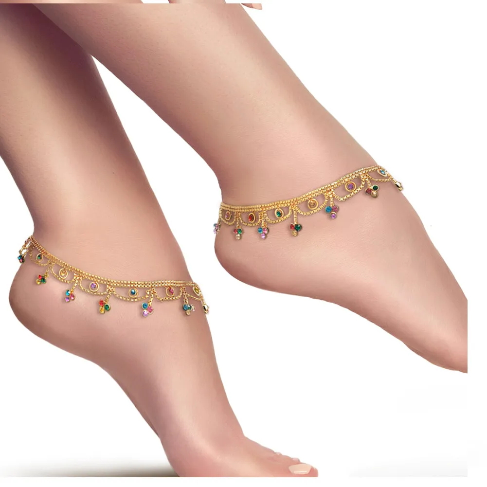 Indian Gold Tone Bells Anklet Chain Payal Set For Women in Multicolor Rhinestone Crystal Zircon For Beach Party Gift - Duel On Jewel