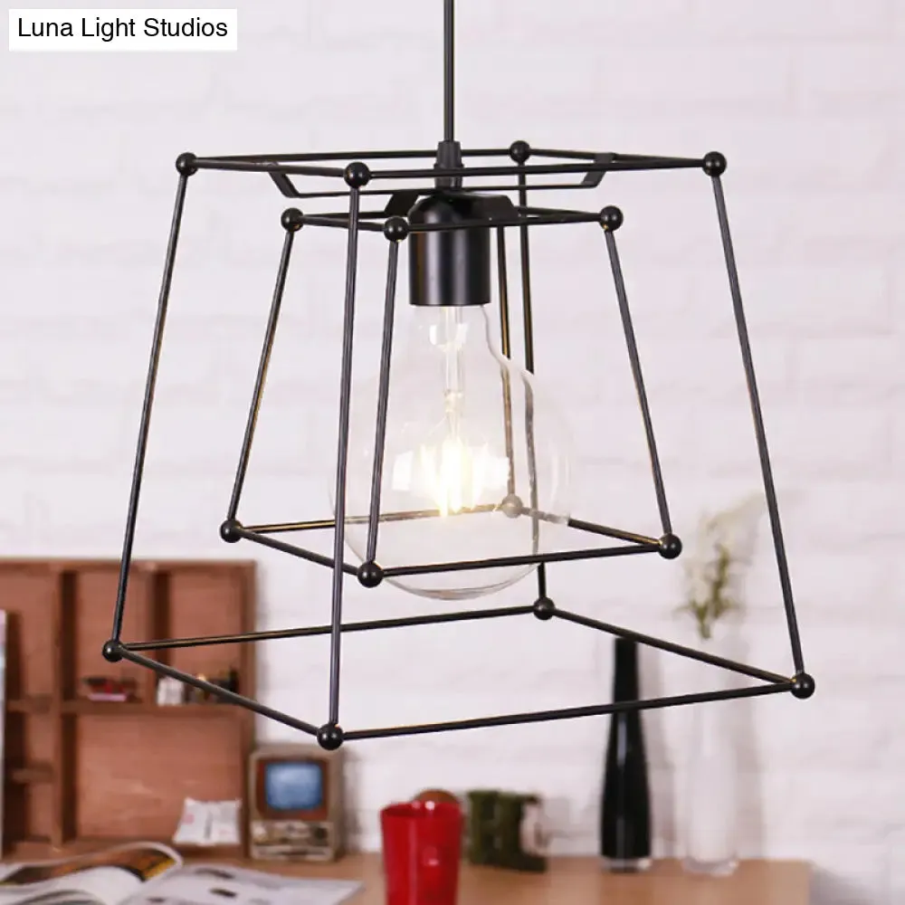 Industrial Black Metal Pendant Light with Trapezoid Cage Shade - Living Room Hanging Lamp