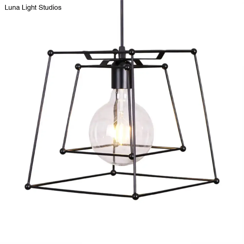 Industrial Black Metal Pendant Light with Trapezoid Cage Shade - Living Room Hanging Lamp