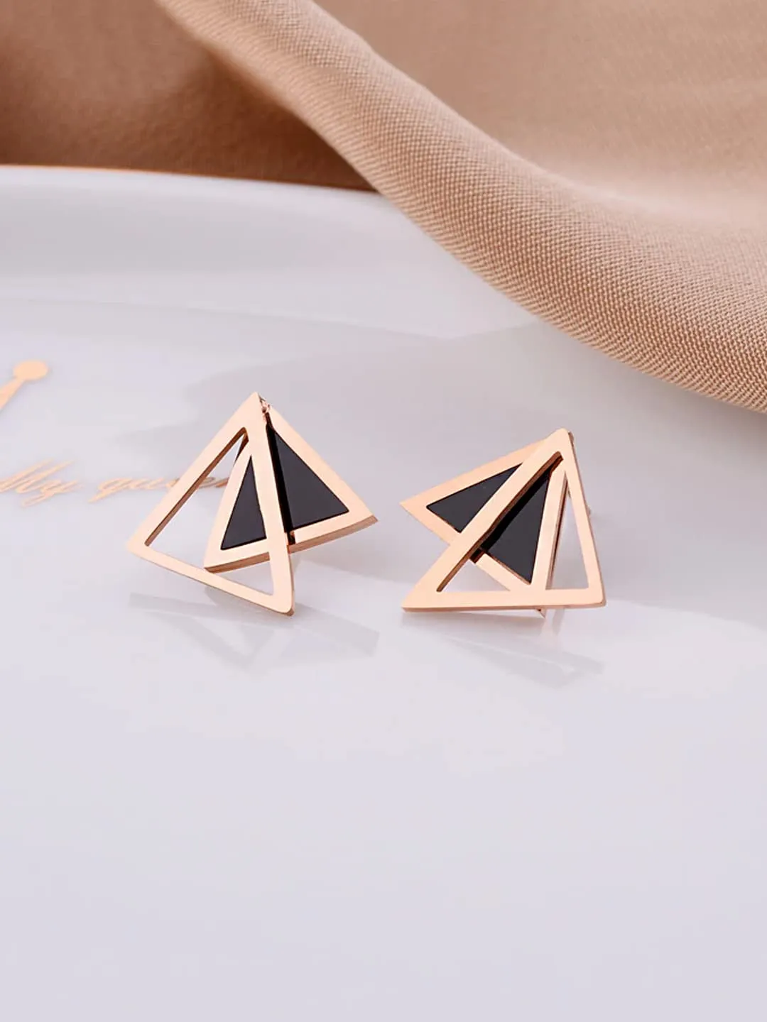 Kairangi Stud Earrings for Women Western Rose Gold Plated Stainless Steel Black Triangular Studs Earrings For Women and Girls