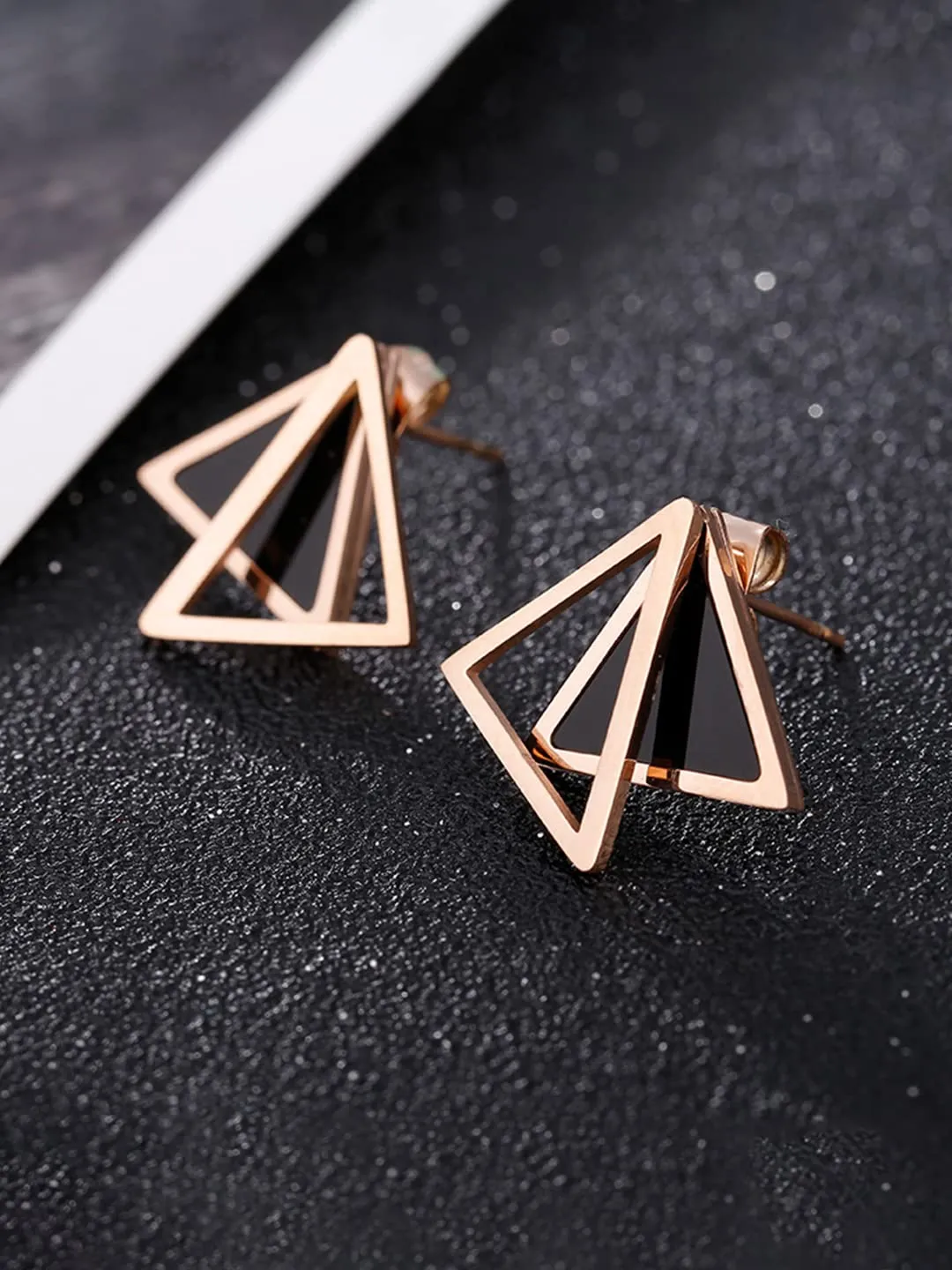 Kairangi Stud Earrings for Women Western Rose Gold Plated Stainless Steel Black Triangular Studs Earrings For Women and Girls