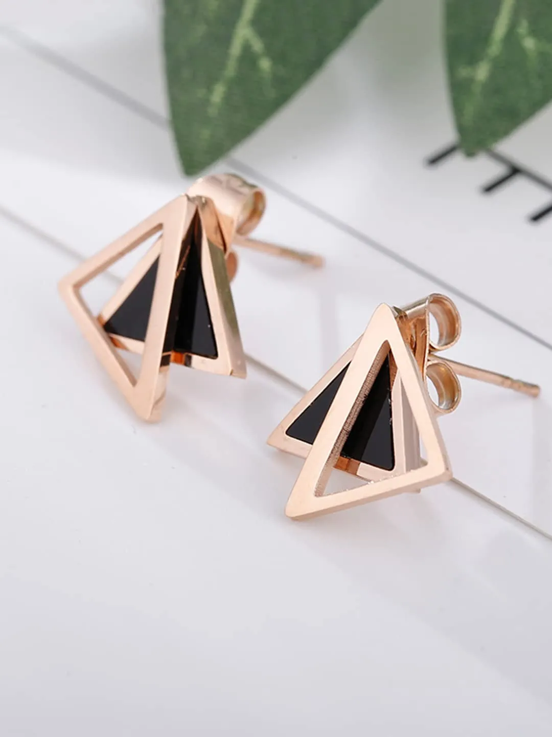 Kairangi Stud Earrings for Women Western Rose Gold Plated Stainless Steel Black Triangular Studs Earrings For Women and Girls