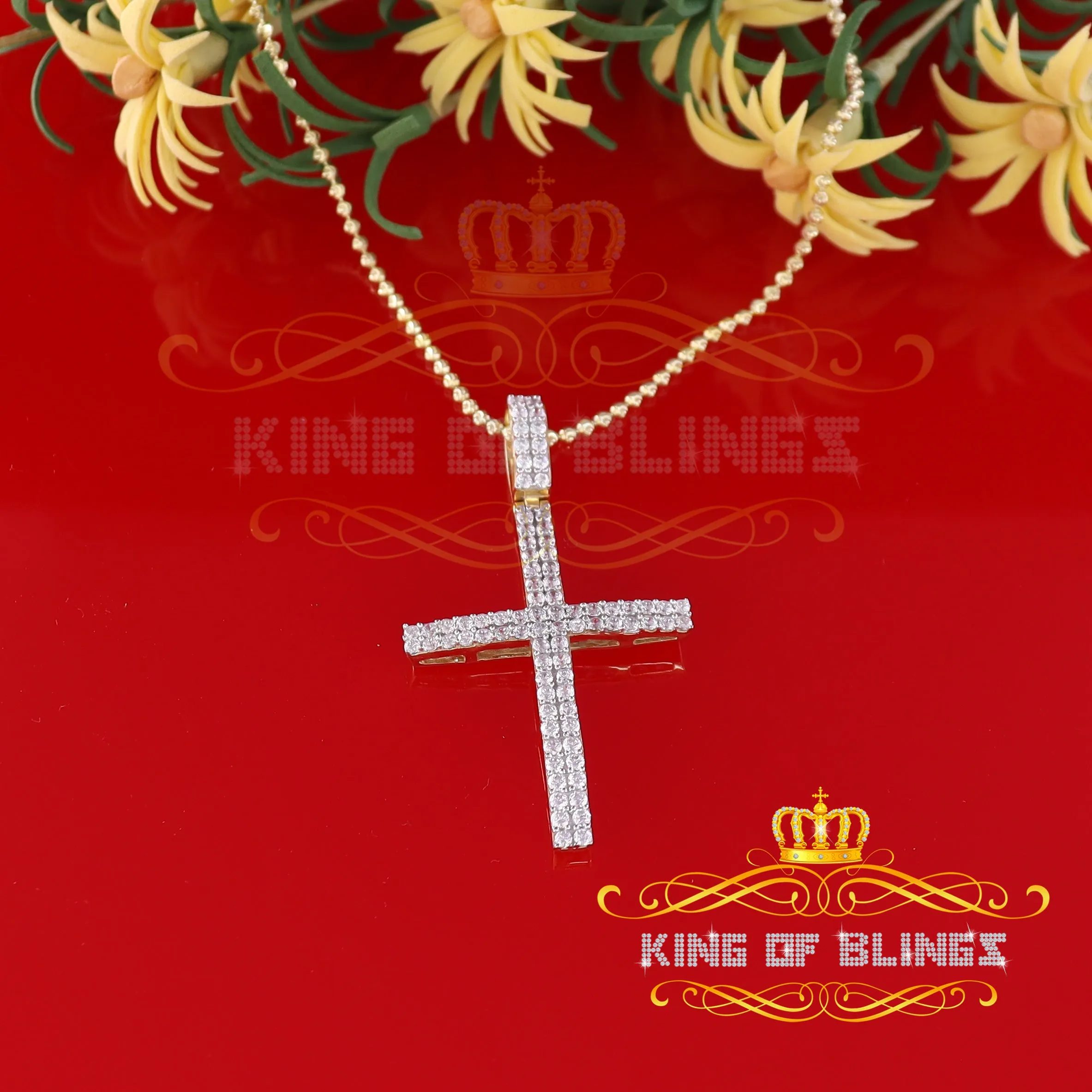 King of Bling's Yellow Sterling Silver CROSS Pendant with Cubic Zirconia Stone