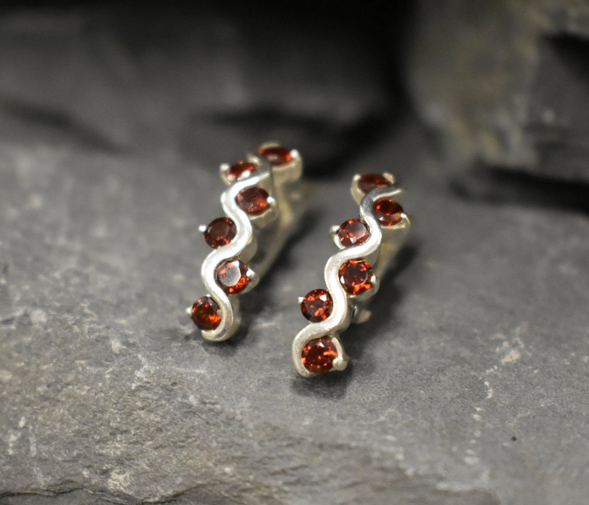 Long Red Earrings - Natural Garnet Earrings, Wavy Silver Earrings