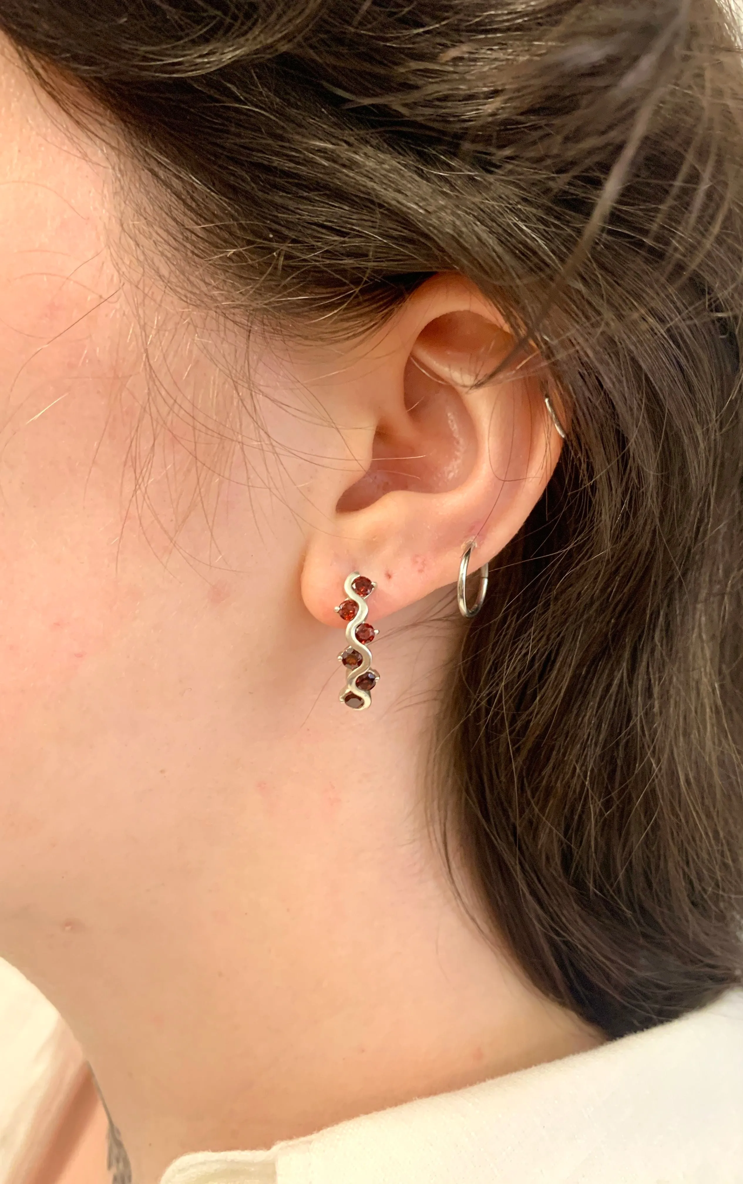 Long Red Earrings - Natural Garnet Earrings, Wavy Silver Earrings