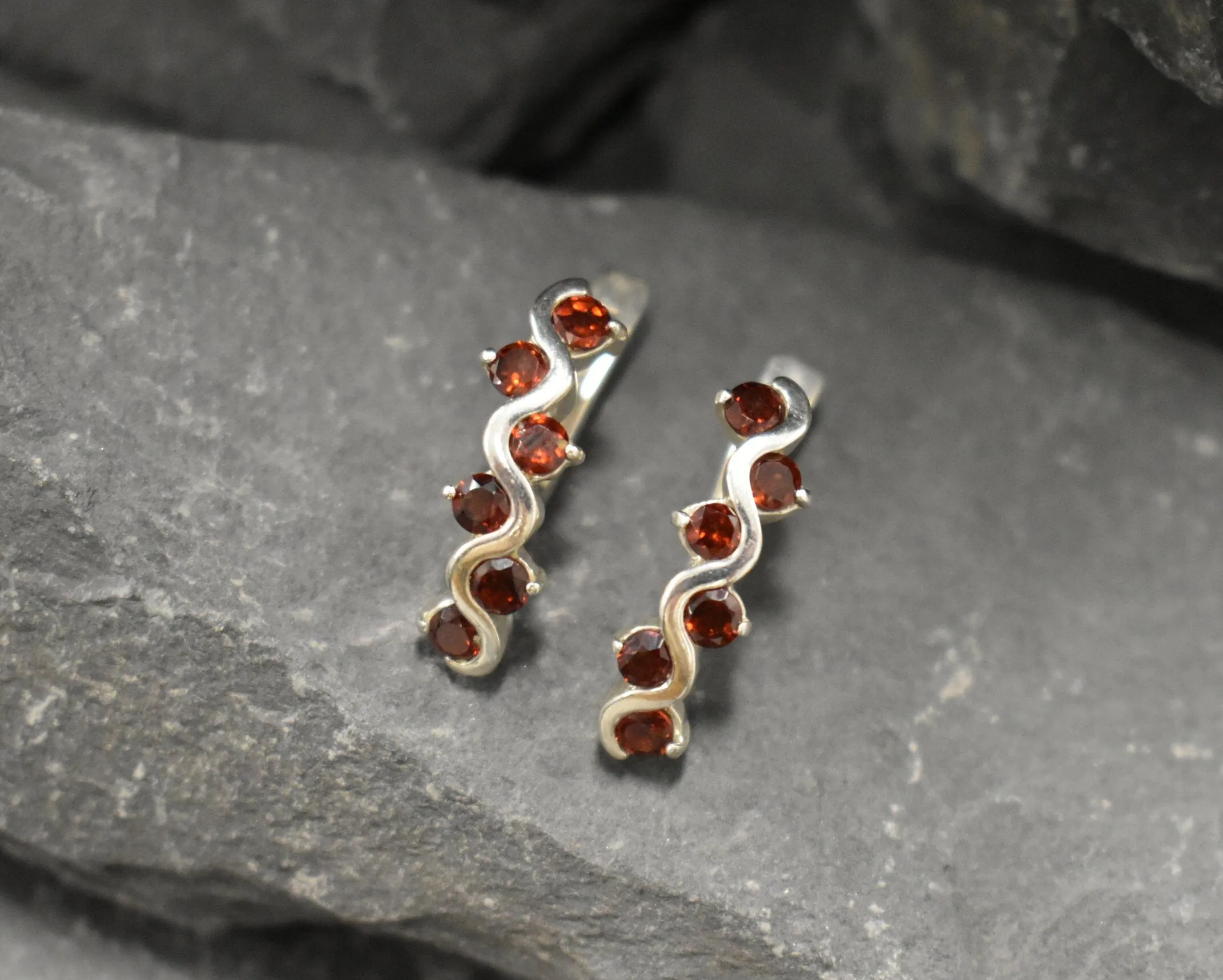 Long Red Earrings - Natural Garnet Earrings, Wavy Silver Earrings