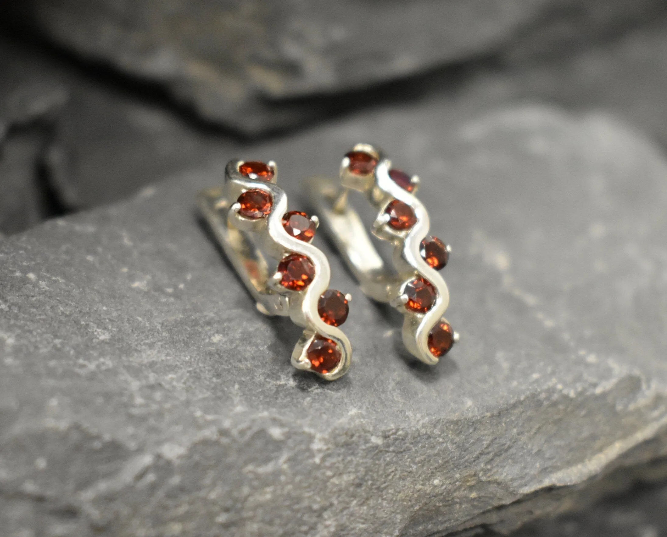 Long Red Earrings - Natural Garnet Earrings, Wavy Silver Earrings