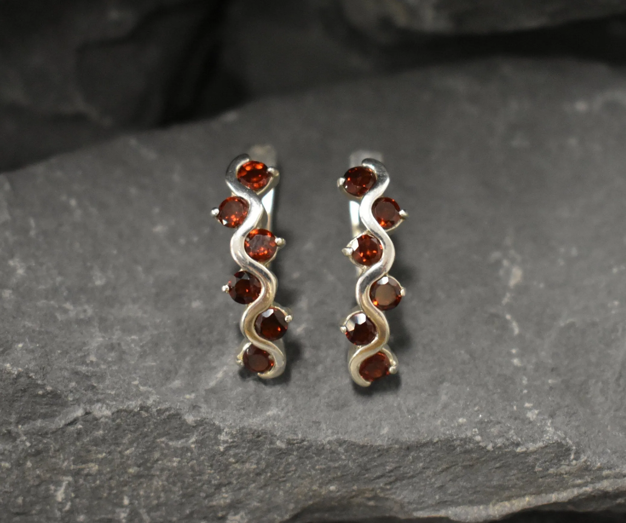 Long Red Earrings - Natural Garnet Earrings, Wavy Silver Earrings