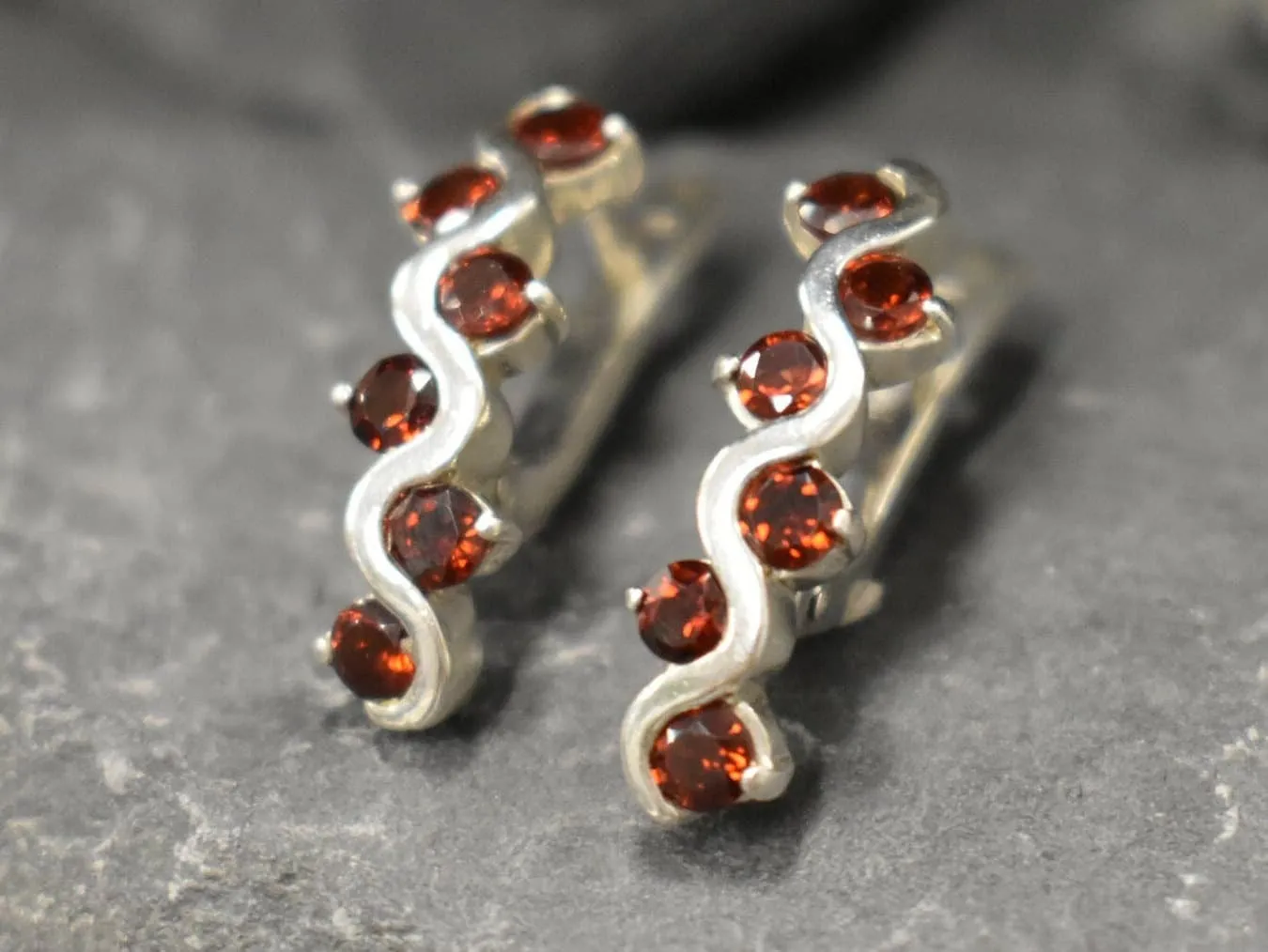 Long Red Earrings - Natural Garnet Earrings, Wavy Silver Earrings