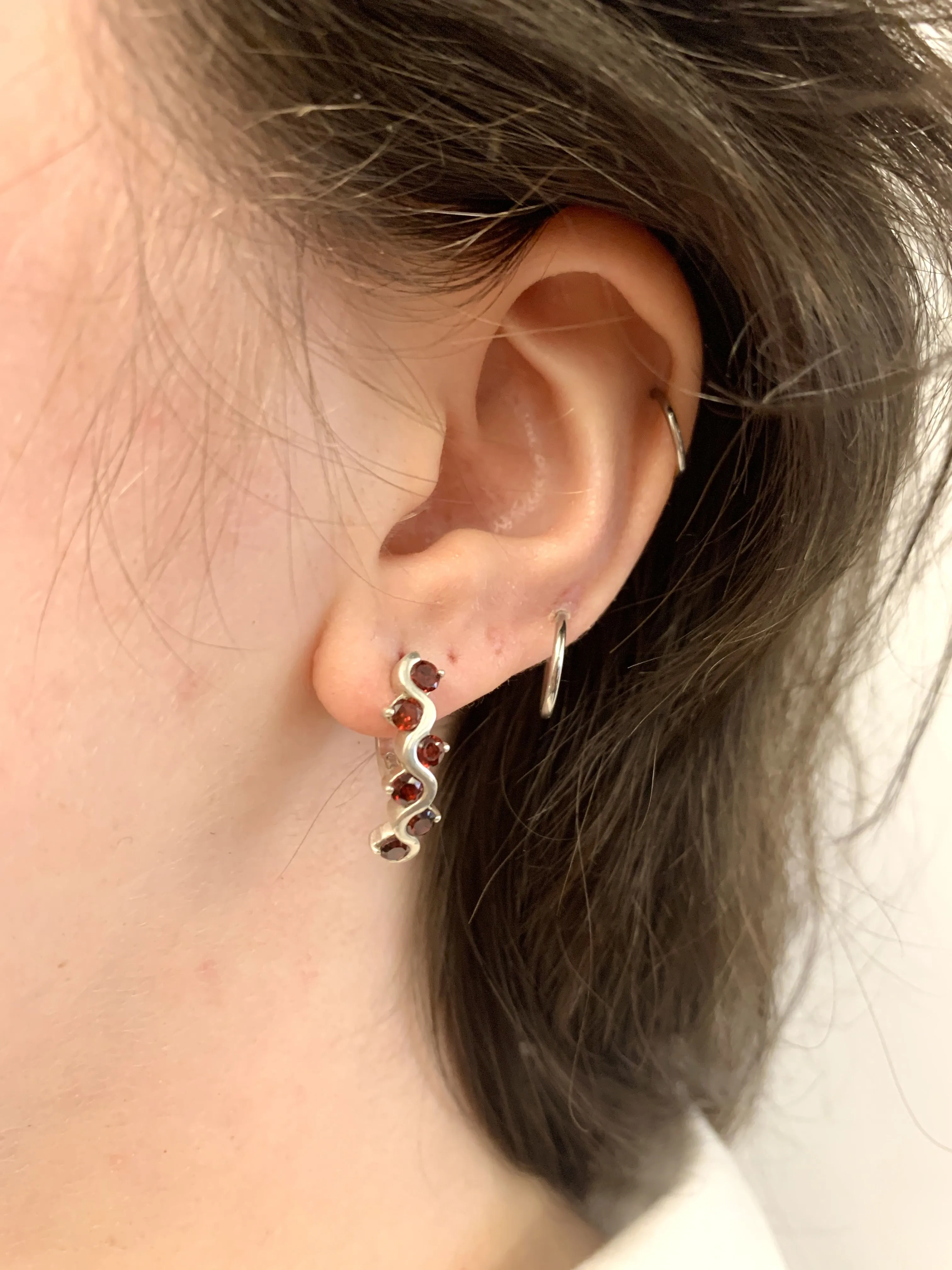 Long Red Earrings - Natural Garnet Earrings, Wavy Silver Earrings