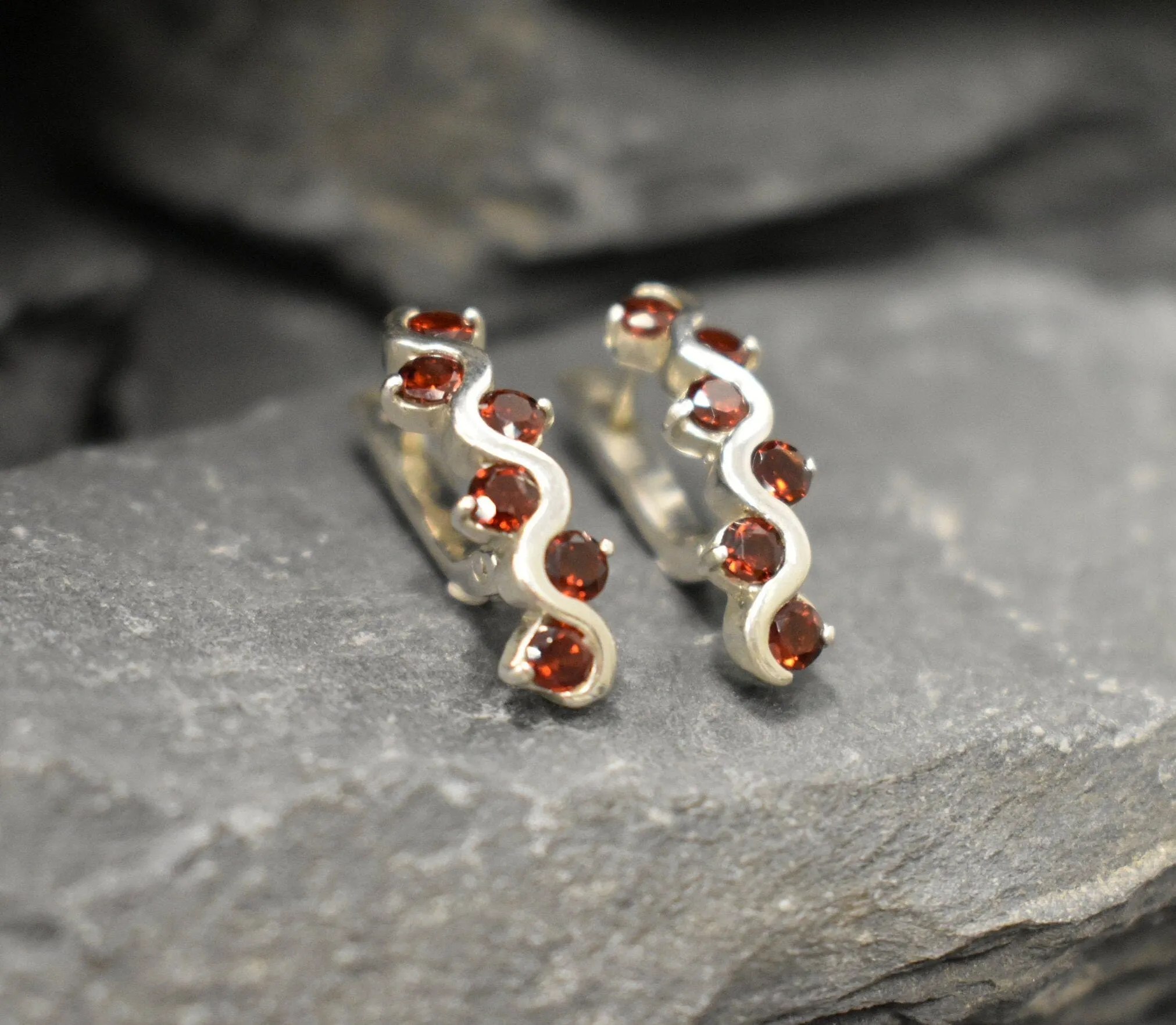 Long Red Earrings - Natural Garnet Earrings, Wavy Silver Earrings