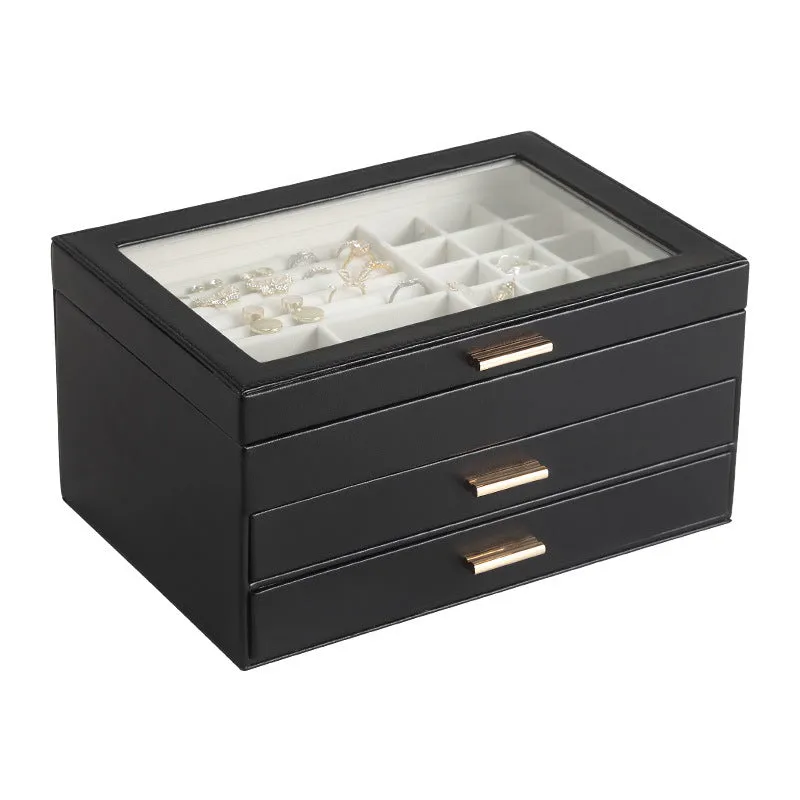 Luxury Multi-Tier Jewelry Organizer Box with Glass Top - Elegant Storage Case for Rings, Earrings, and Accessories