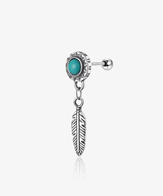 Men Blue Sterling Silver Turquoise Feather Stud Earrings QJ008