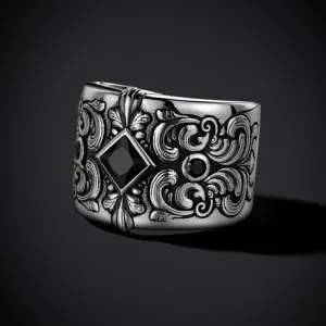 Men's Black Zircon & Rustic Detailed Silver Adjustable Ring