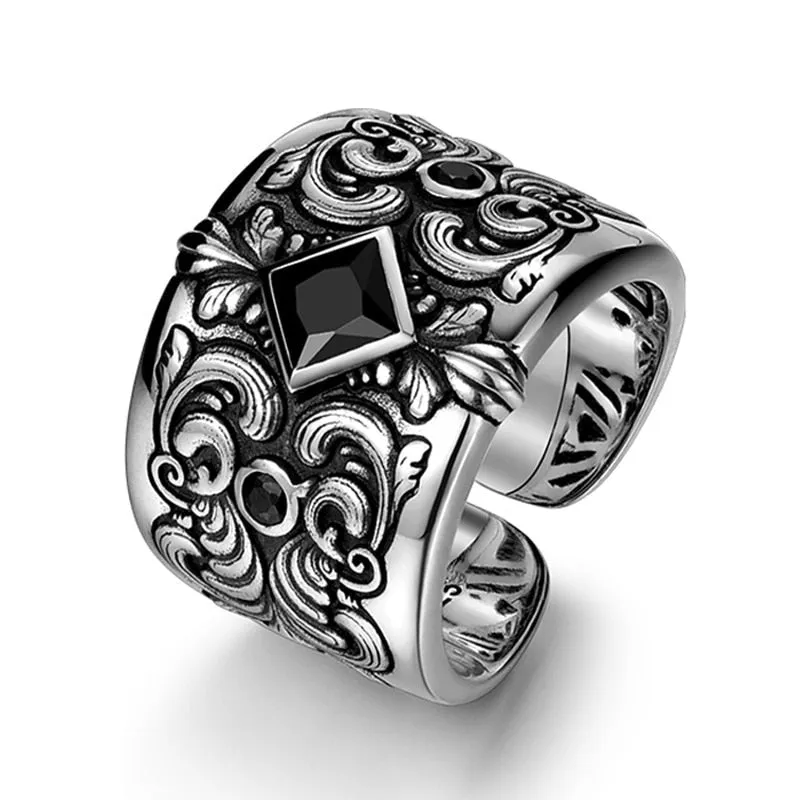 Men's Black Zircon & Rustic Detailed Silver Adjustable Ring