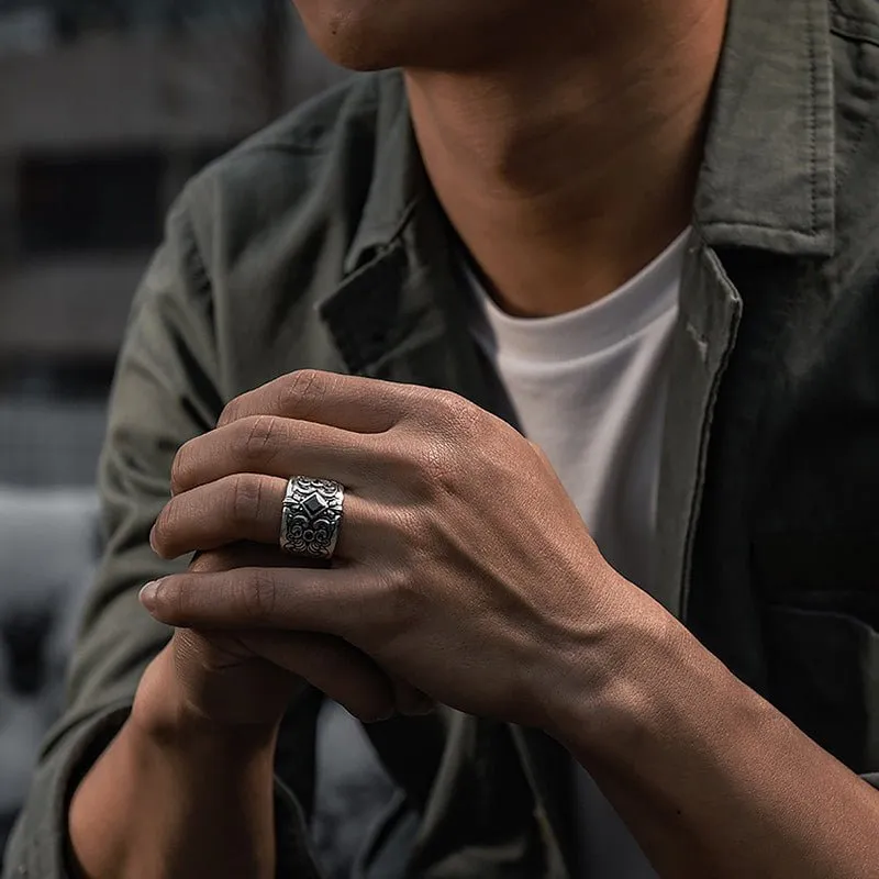 Men's Black Zircon & Rustic Detailed Silver Adjustable Ring