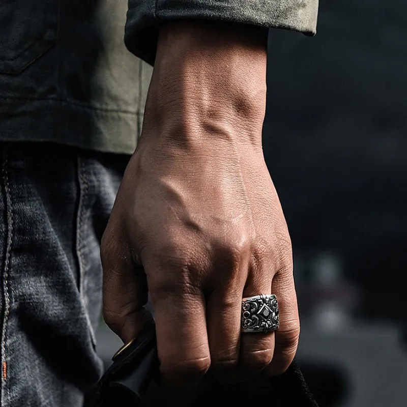 Men's Black Zircon & Rustic Detailed Silver Adjustable Ring