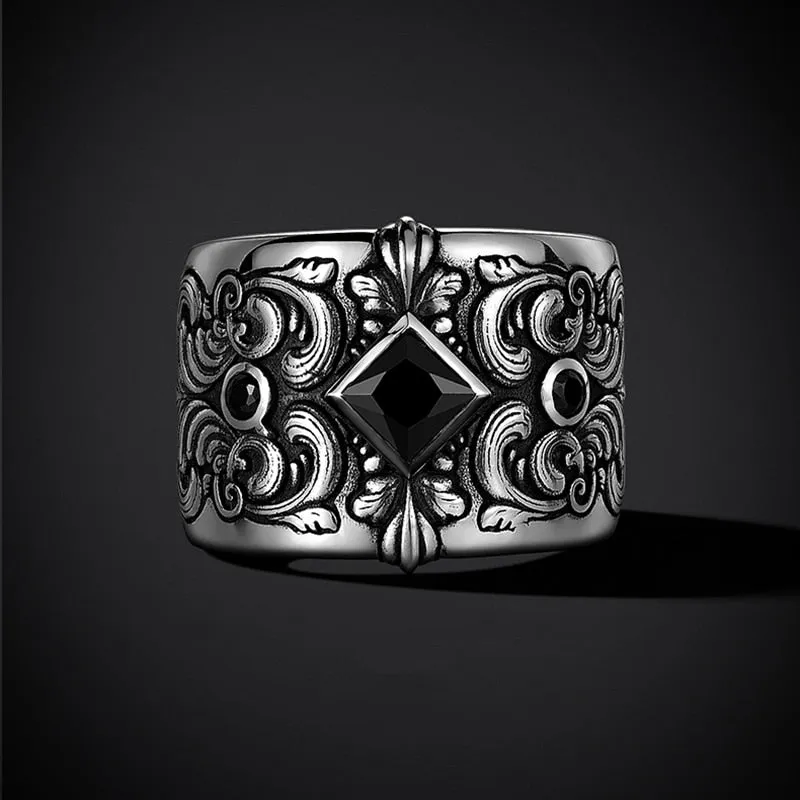 Men's Black Zircon & Rustic Detailed Silver Adjustable Ring