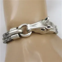 Men's Leather Bracelet Grey with Horse Head Clasp