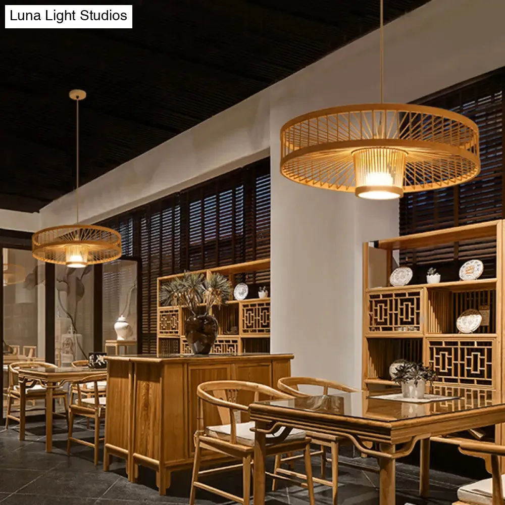 Minimalist Bamboo Woven Hanging Lamp for Restaurants - 1 Bulb Wood Suspension Lighting