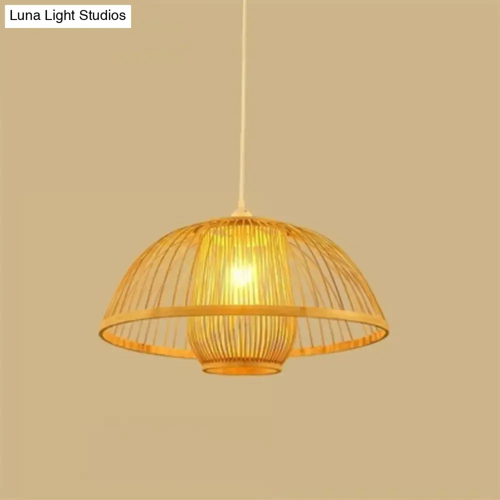 Minimalist Bamboo Woven Hanging Lamp for Restaurants - 1 Bulb Wood Suspension Lighting