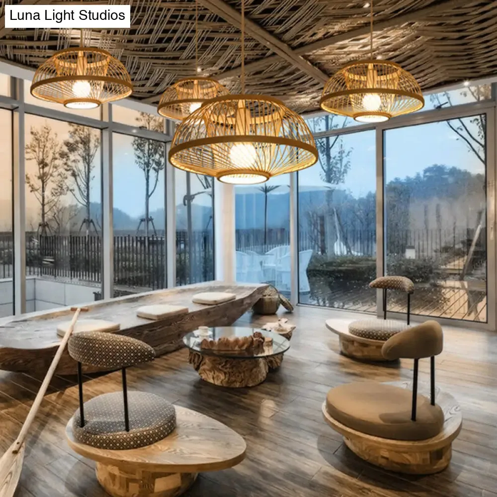 Minimalist Bamboo Woven Hanging Lamp for Restaurants - 1 Bulb Wood Suspension Lighting