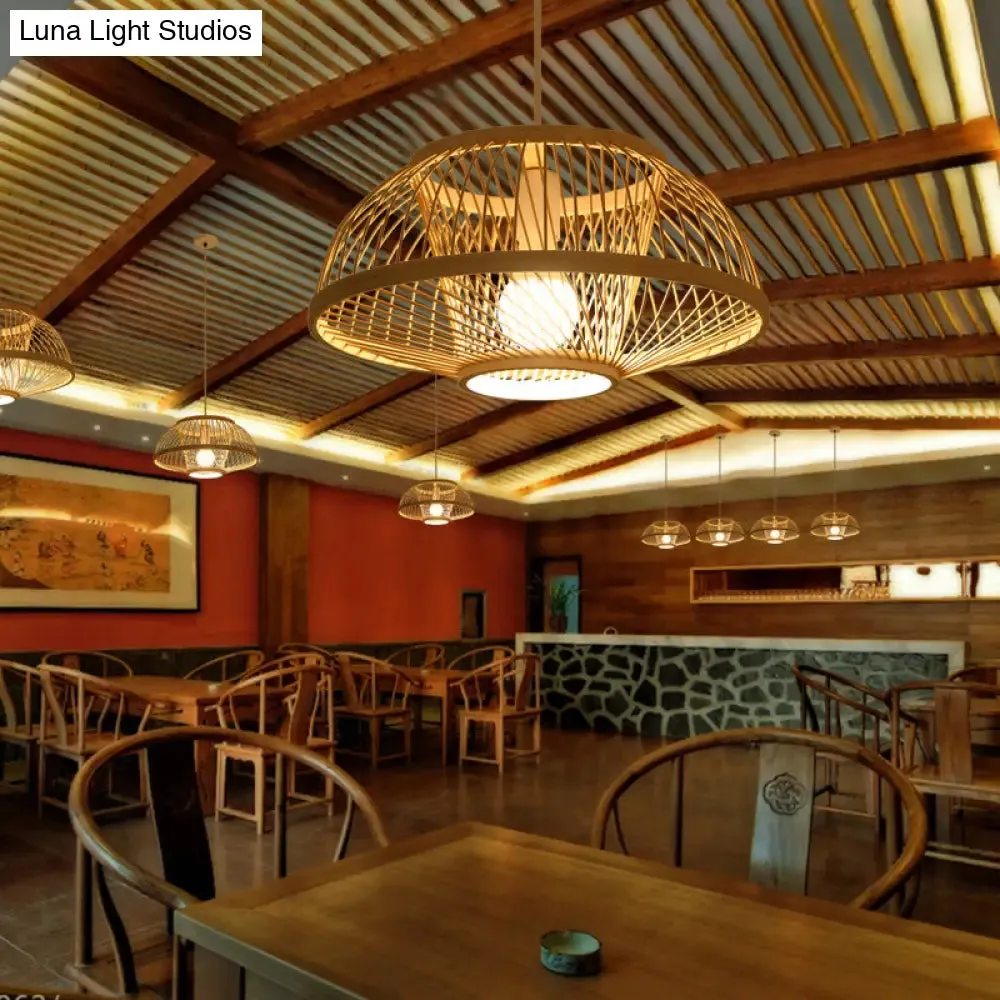 Minimalist Bamboo Woven Hanging Lamp for Restaurants - 1 Bulb Wood Suspension Lighting