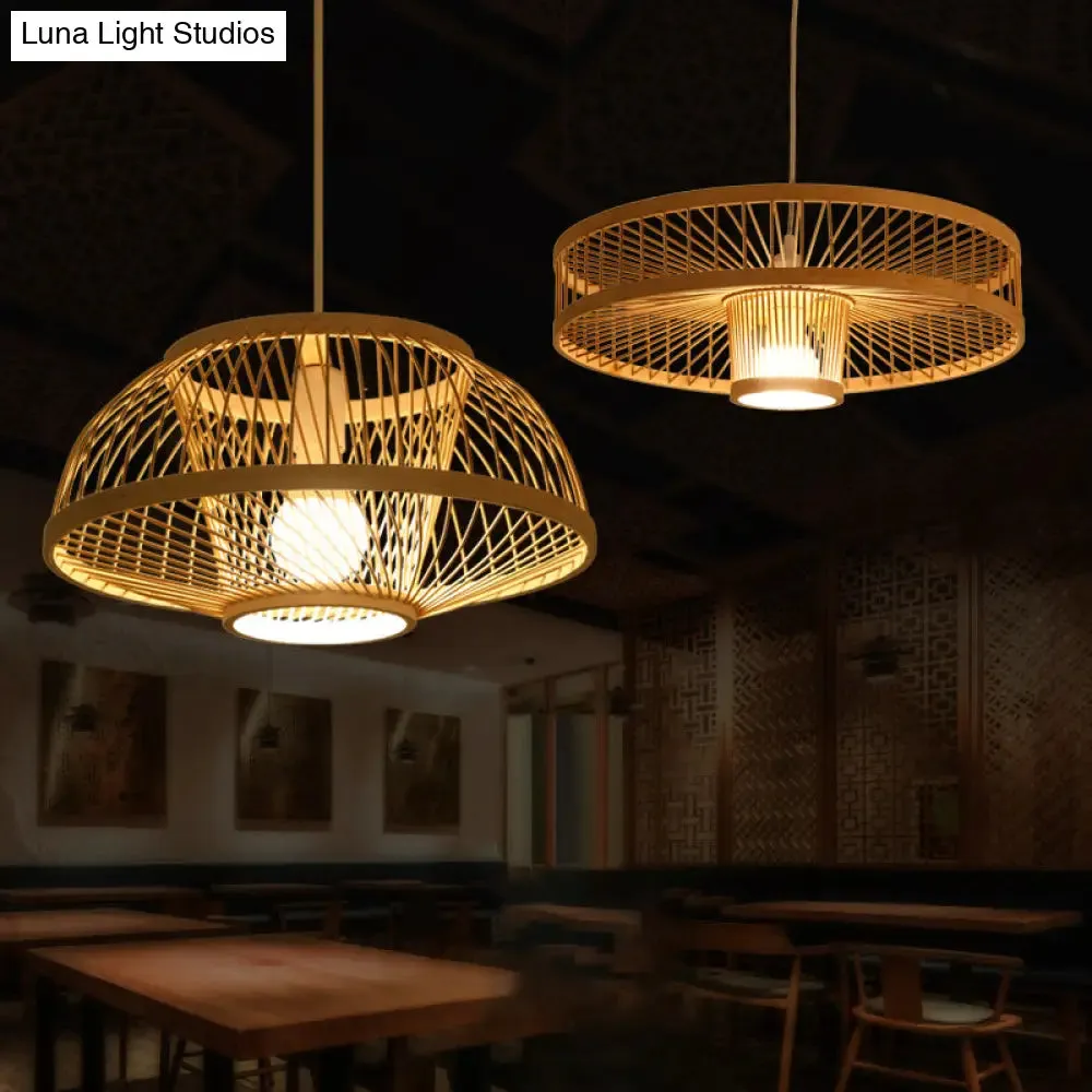 Minimalist Bamboo Woven Hanging Lamp for Restaurants - 1 Bulb Wood Suspension Lighting