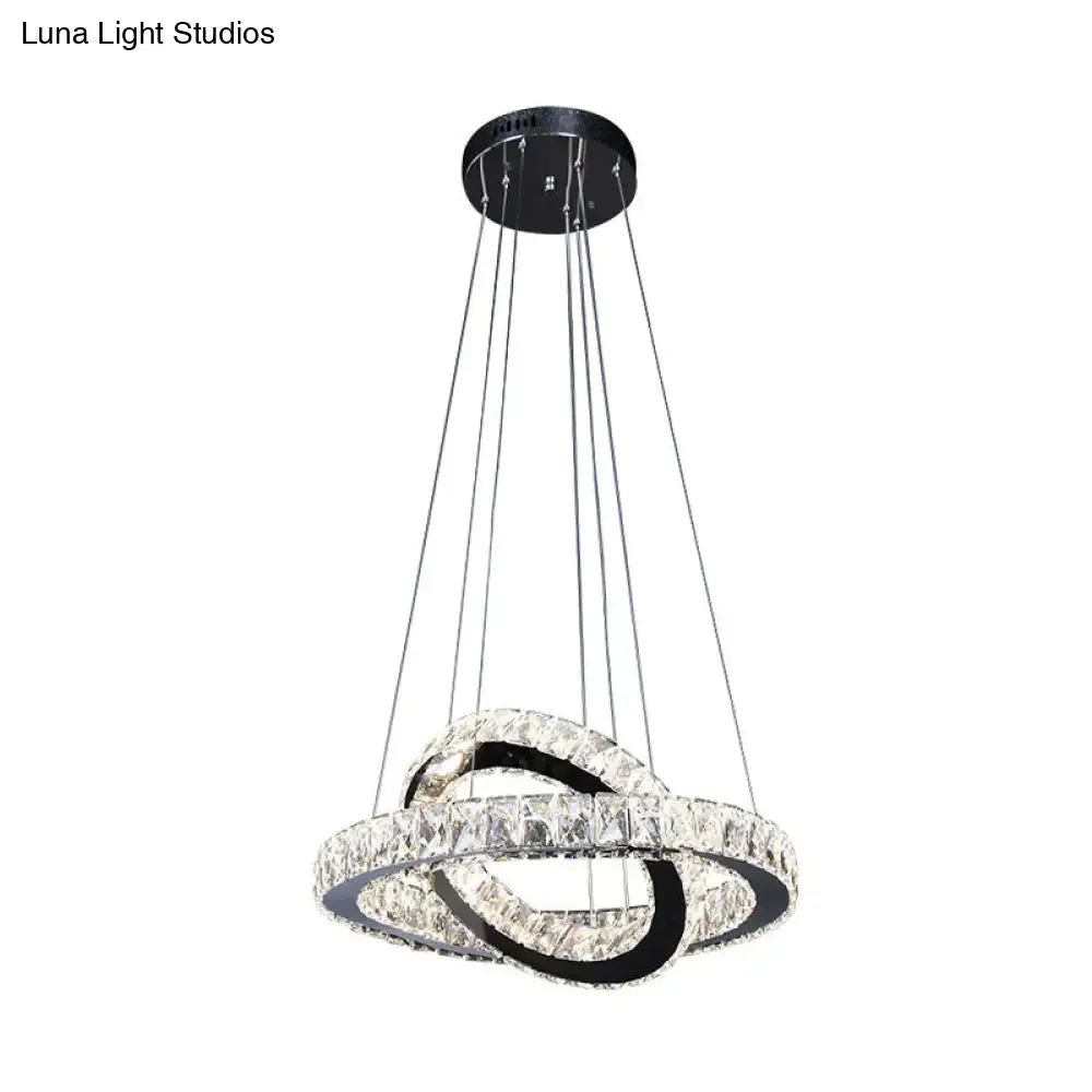 Minimalist Crystal Ring Chandelier LED Light Kit, Black, Ideal for Bedroom, 19-23.5 inches Wide