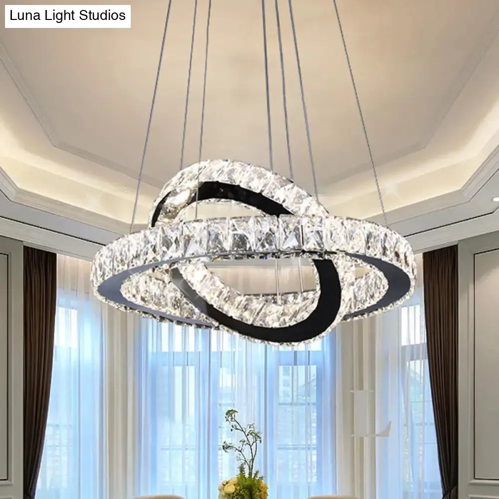 Minimalist Crystal Ring Chandelier LED Light Kit, Black, Ideal for Bedroom, 19-23.5 inches Wide