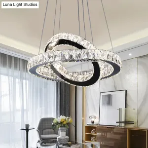 Minimalist Crystal Ring Chandelier LED Light Kit, Black, Ideal for Bedroom, 19-23.5 inches Wide