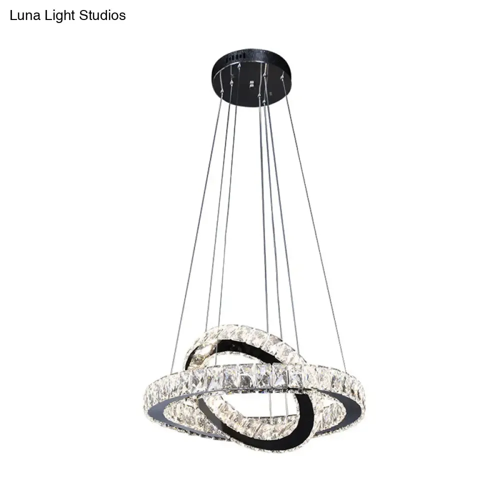 Minimalist Crystal Ring Chandelier LED Light Kit, Black, Ideal for Bedroom, 19-23.5 inches Wide