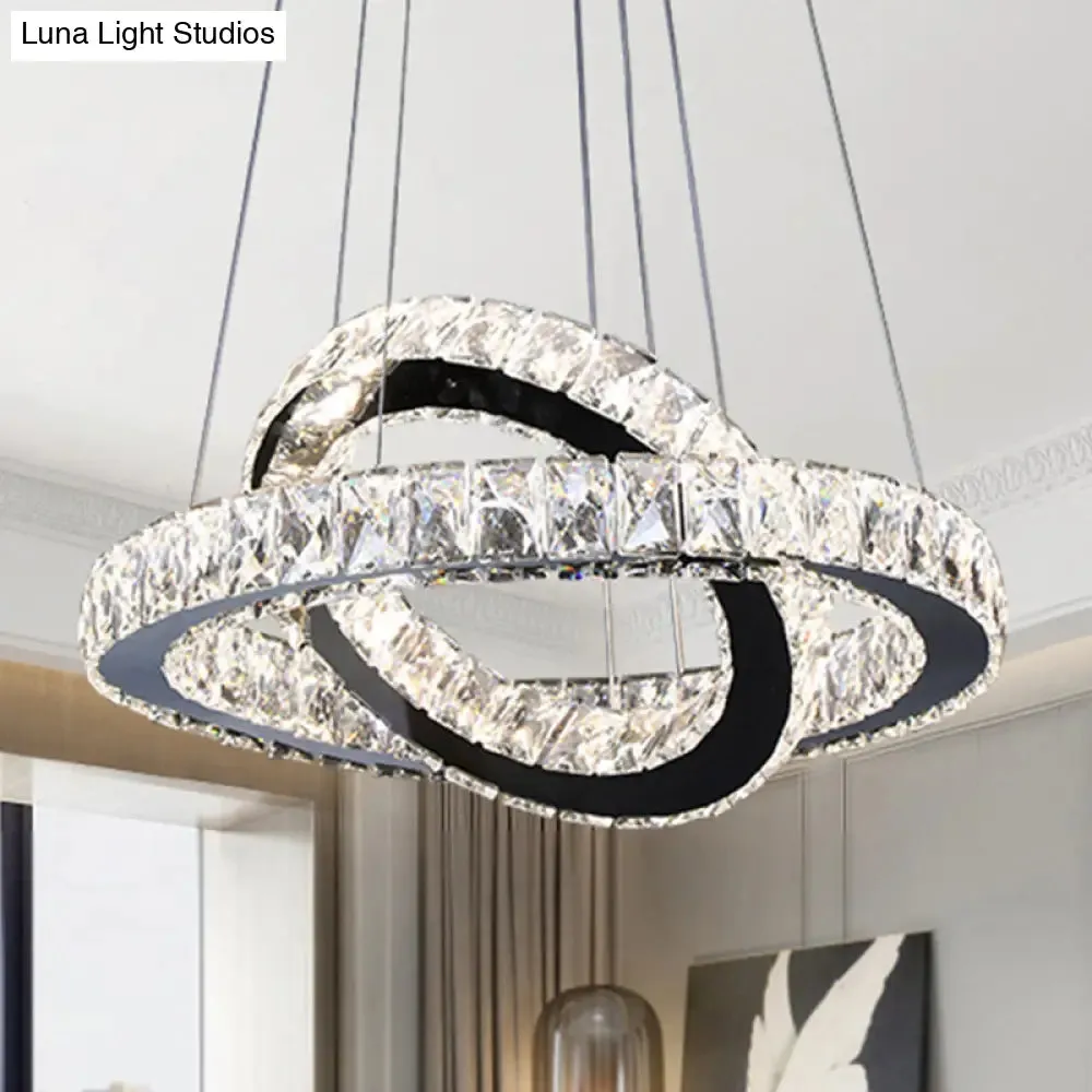 Minimalist Crystal Ring Chandelier LED Light Kit, Black, Ideal for Bedroom, 19-23.5 inches Wide