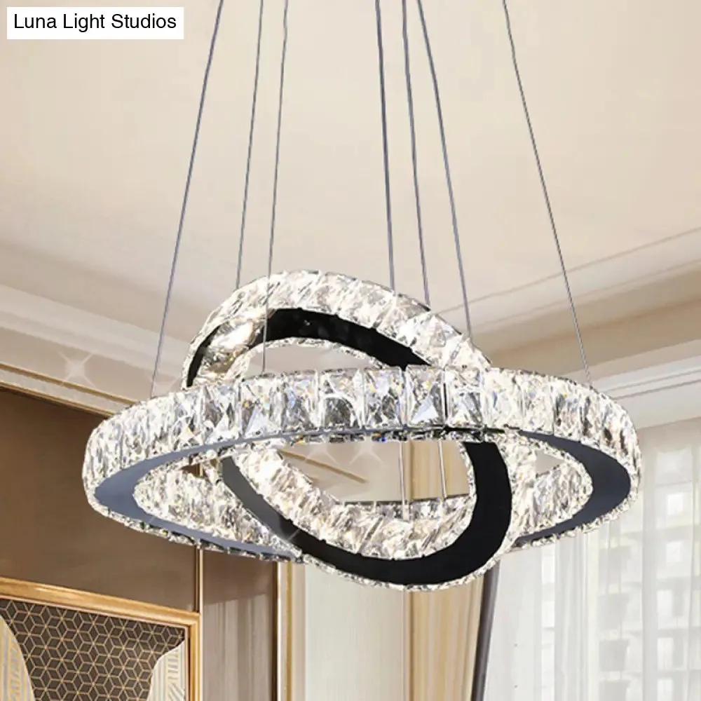 Minimalist Crystal Ring Chandelier LED Light Kit, Black, Ideal for Bedroom, 19-23.5 inches Wide