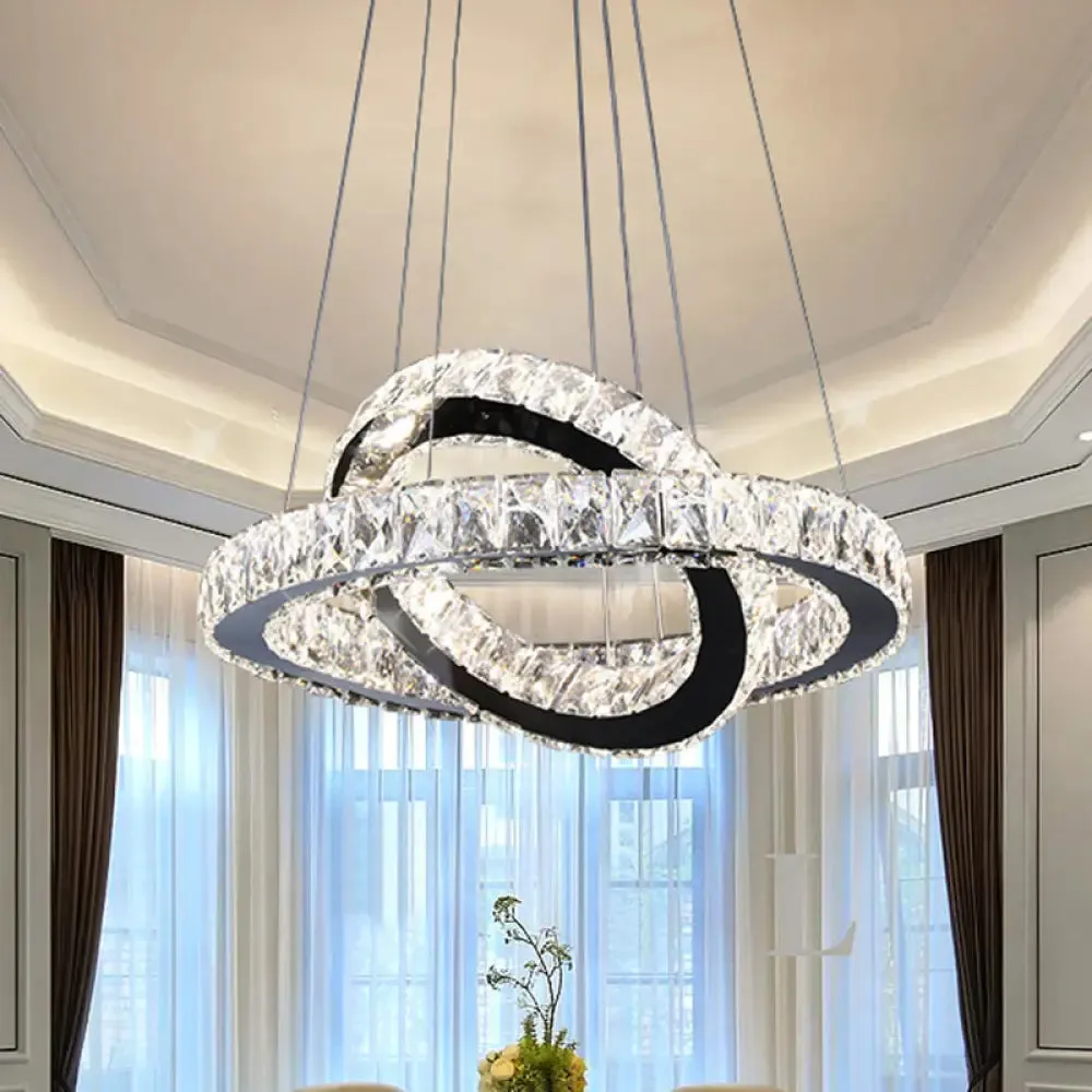 Minimalist Crystal Ring Chandelier LED Light Kit, Black, Ideal for Bedroom, 19-23.5 inches Wide