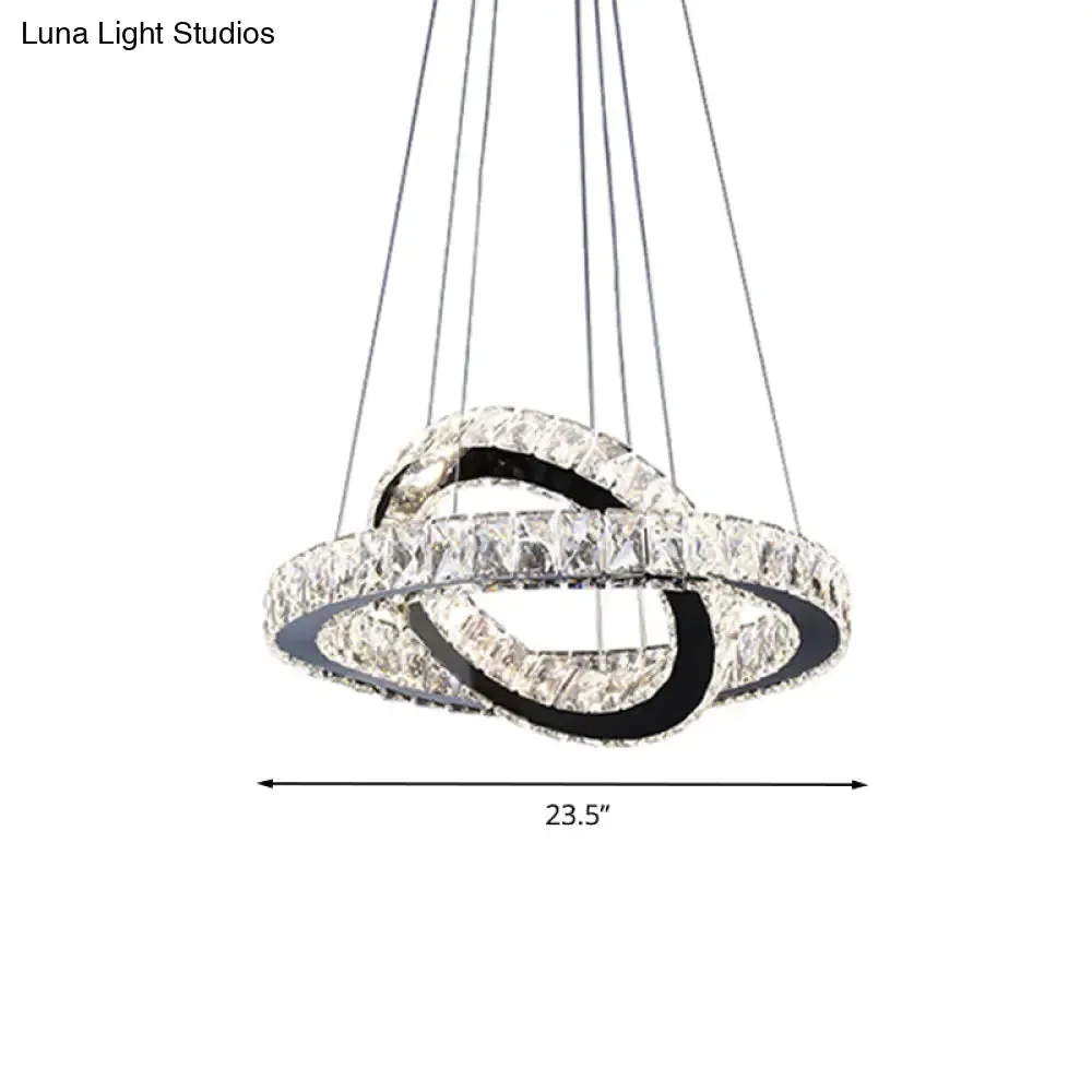 Minimalist Crystal Ring Chandelier LED Light Kit, Black, Ideal for Bedroom, 19-23.5 inches Wide