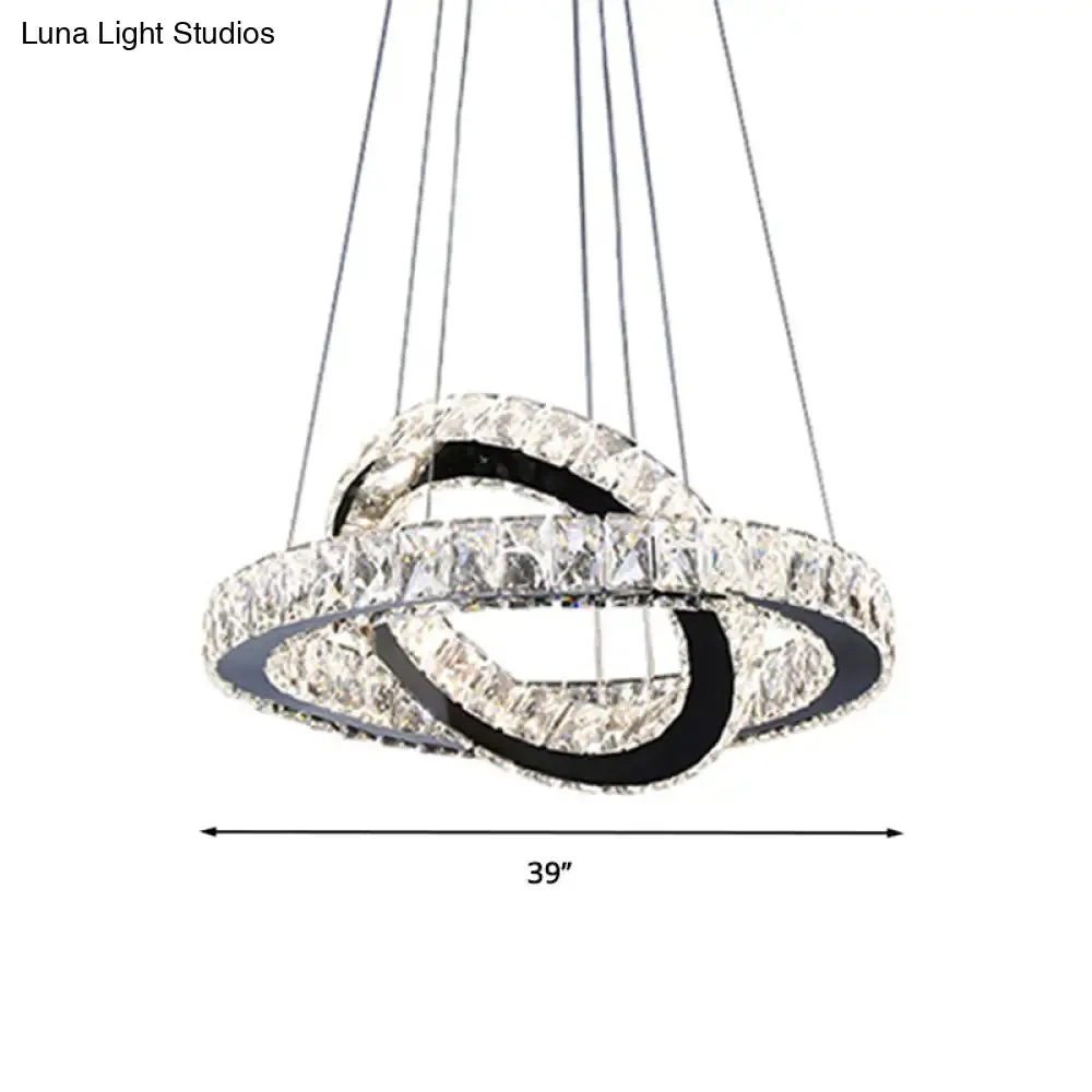 Minimalist Crystal Ring Chandelier LED Light Kit, Black, Ideal for Bedroom, 19-23.5 inches Wide