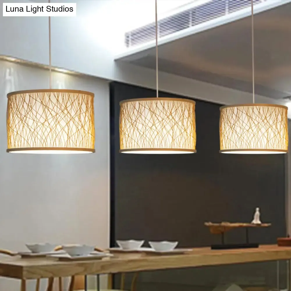 Modern Bamboo Pendant Lighting with Cylindrical Design - Wood Fixture, 1 Bulb Hanging Light