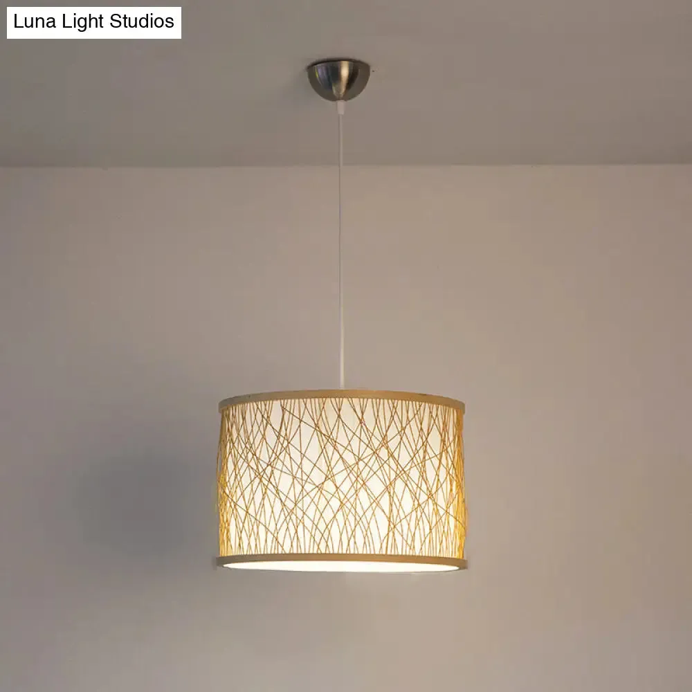 Modern Bamboo Pendant Lighting with Cylindrical Design - Wood Fixture, 1 Bulb Hanging Light