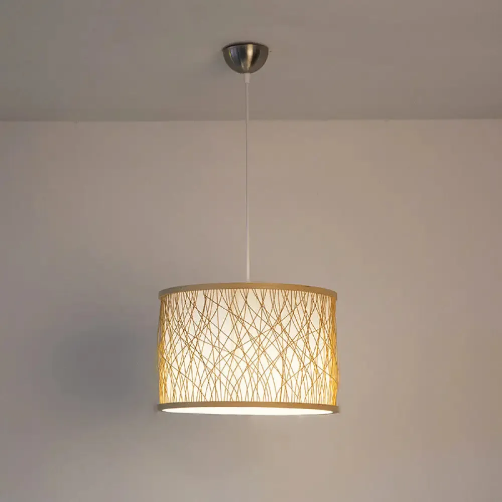 Modern Bamboo Pendant Lighting with Cylindrical Design - Wood Fixture, 1 Bulb Hanging Light