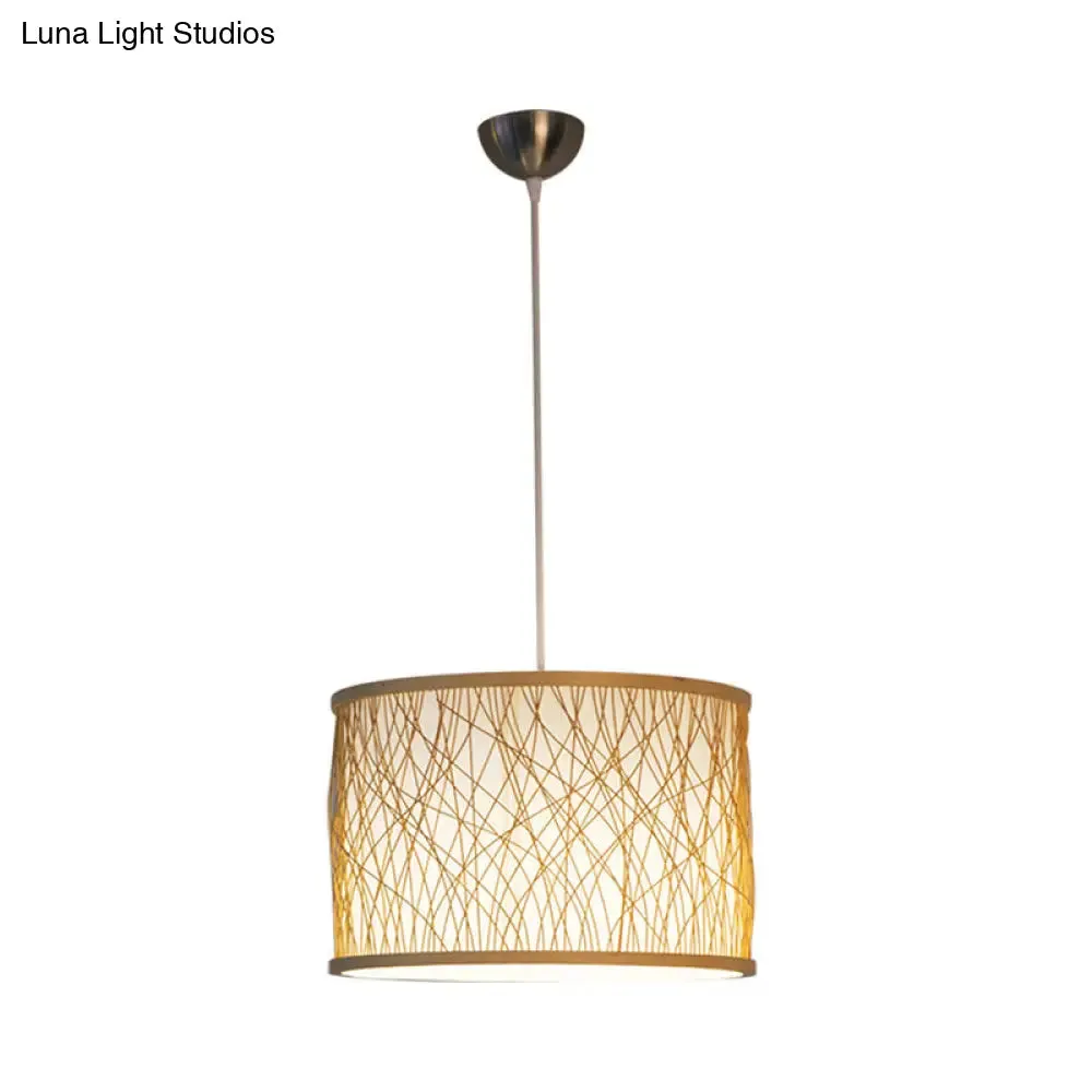 Modern Bamboo Pendant Lighting with Cylindrical Design - Wood Fixture, 1 Bulb Hanging Light