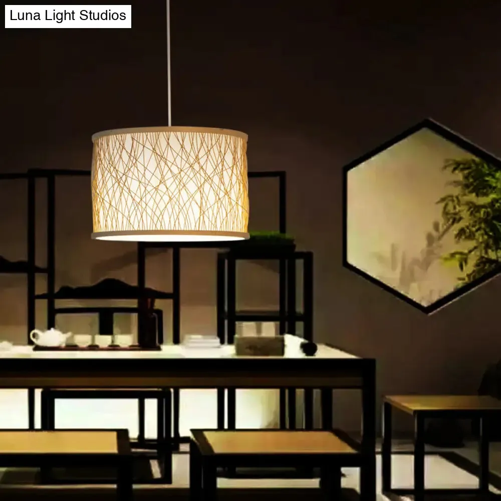 Modern Bamboo Pendant Lighting with Cylindrical Design - Wood Fixture, 1 Bulb Hanging Light