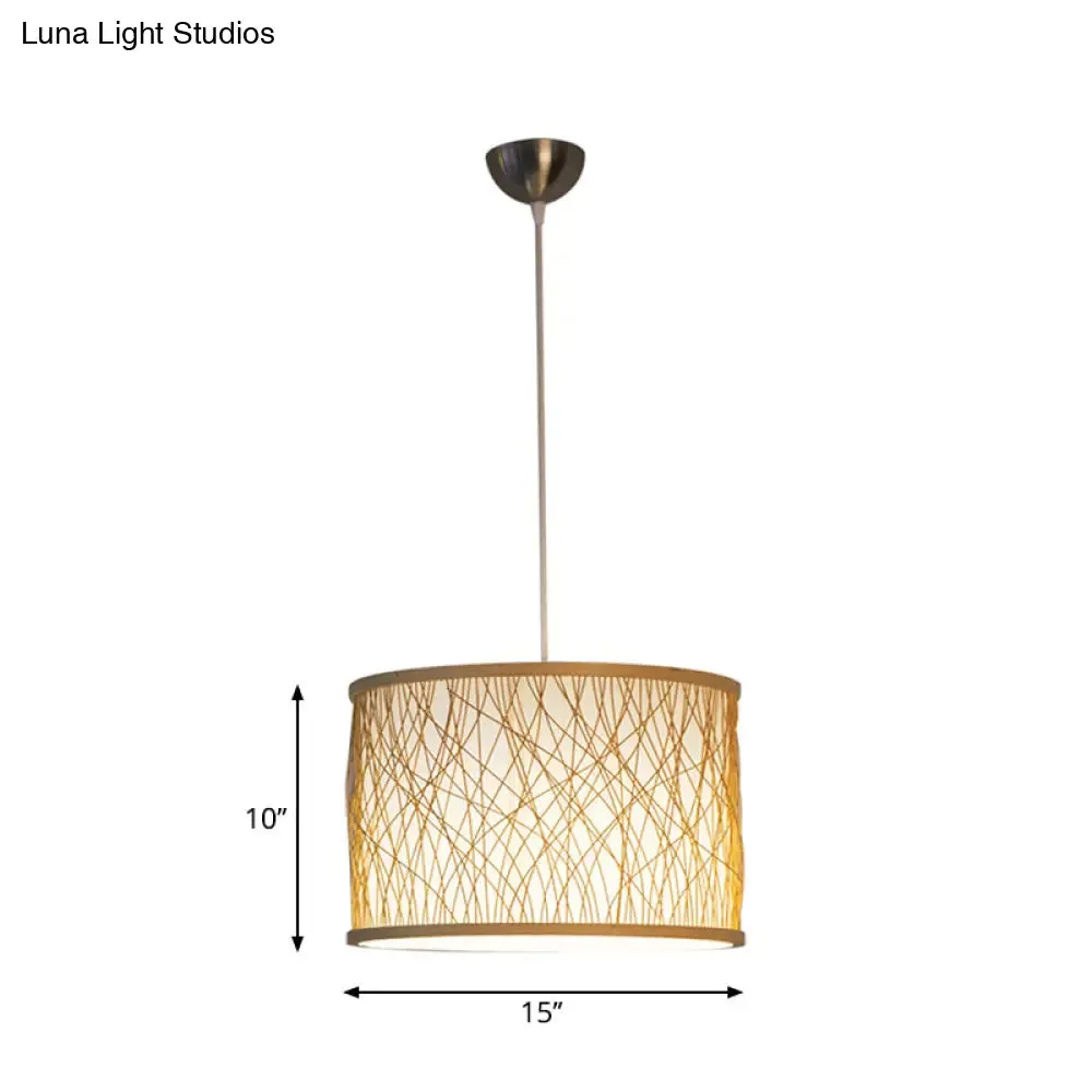 Modern Bamboo Pendant Lighting with Cylindrical Design - Wood Fixture, 1 Bulb Hanging Light